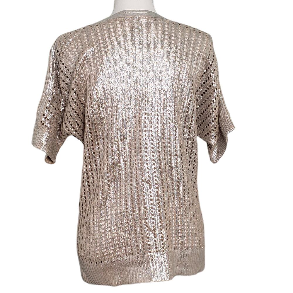 Chico's Short Sleeve Knit Eyelet Sweater in Shiny Gold/Champagne